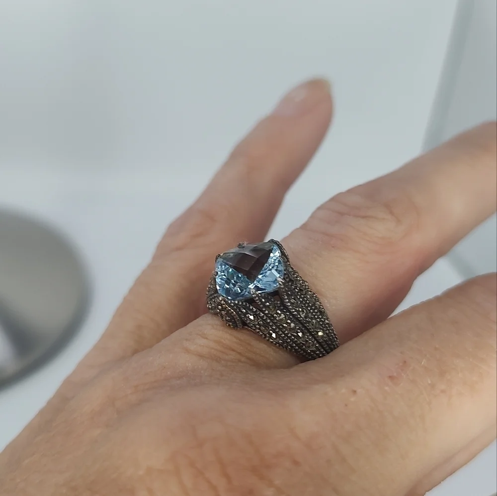 Judith Jack Ring Sterling Silver Marcasite Blue Topaz Size 7 3/4